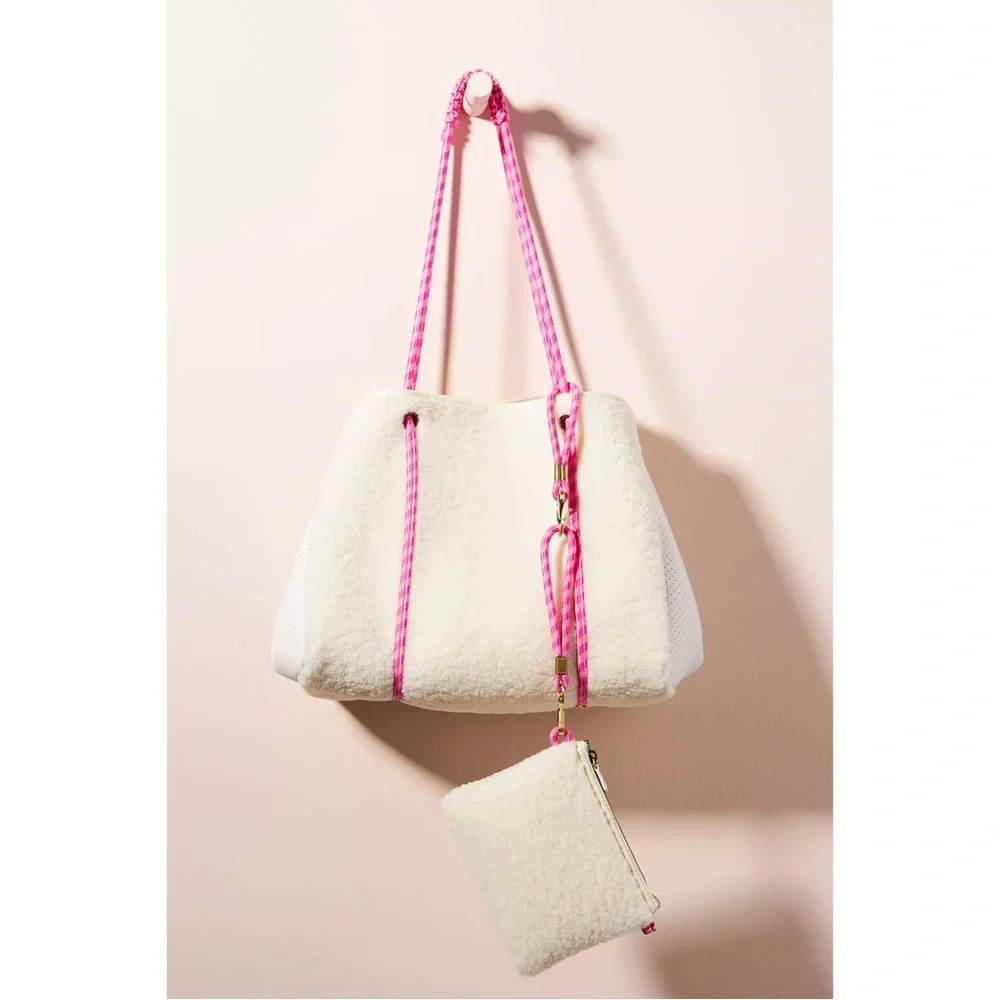 Anthropologie Annie Faux Sherpa Tote Bag in Crema with Pink Cord Handle